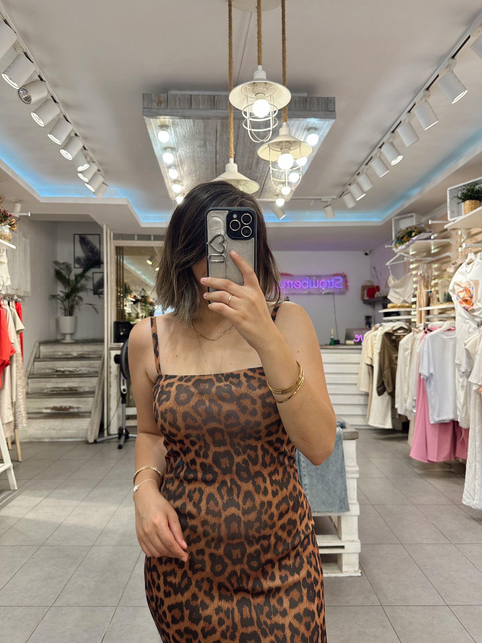 Askılı Leopar Baskılı Triko Elbise 