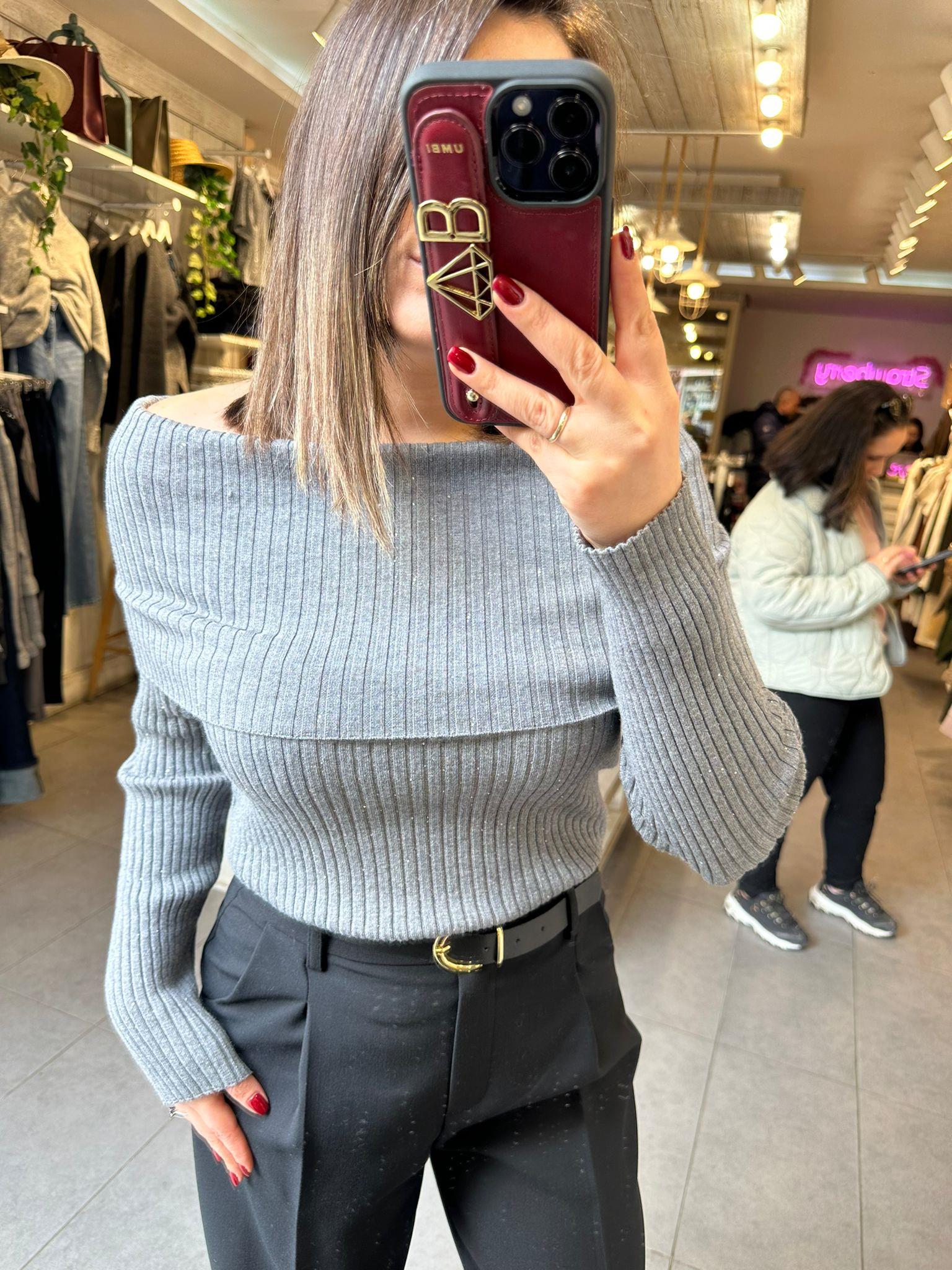 10705 Bardot Yaka Pullu Fitilli Gri Triko Kazak