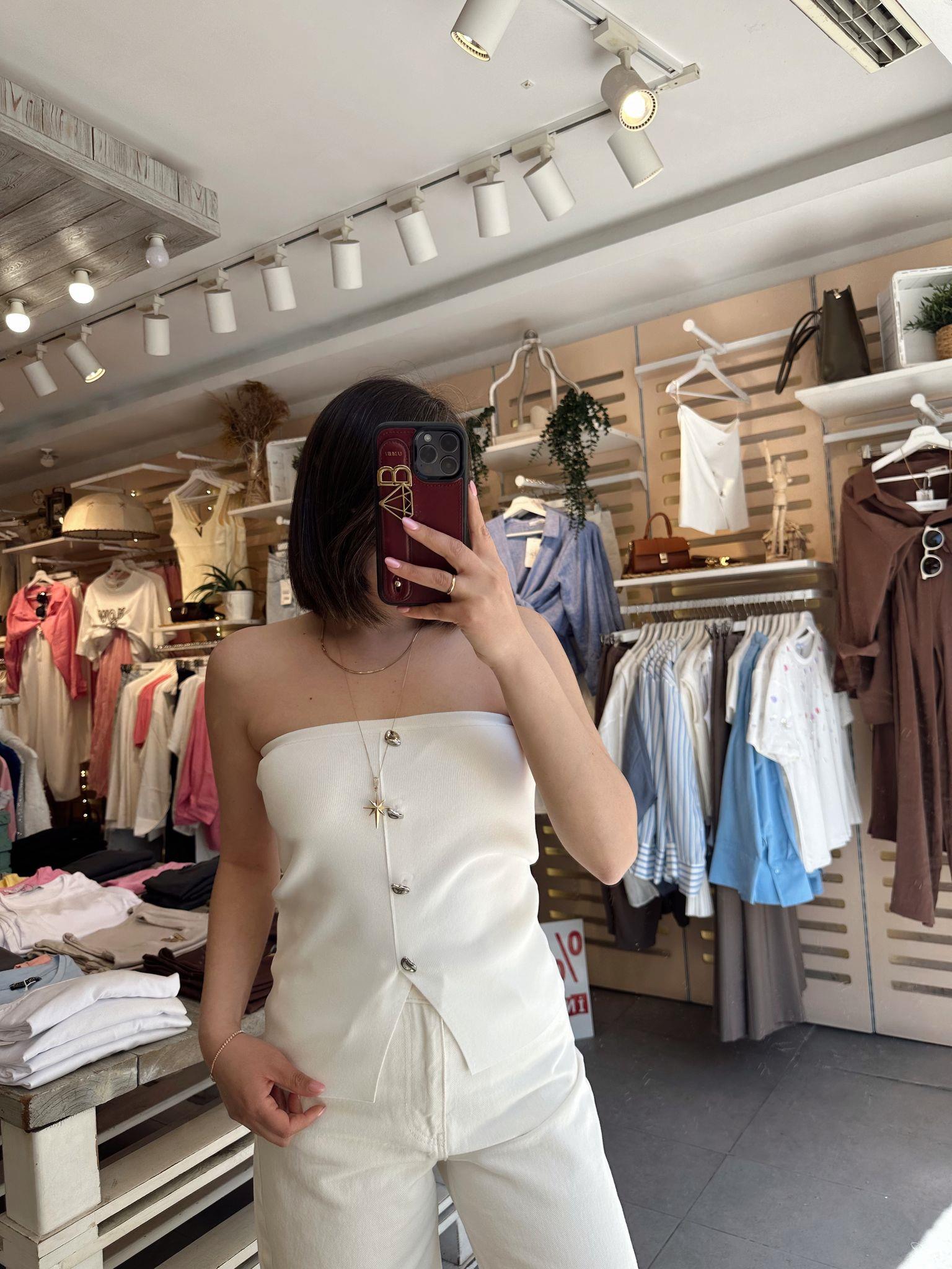 10739 Straplez Düğmeli Triko Top