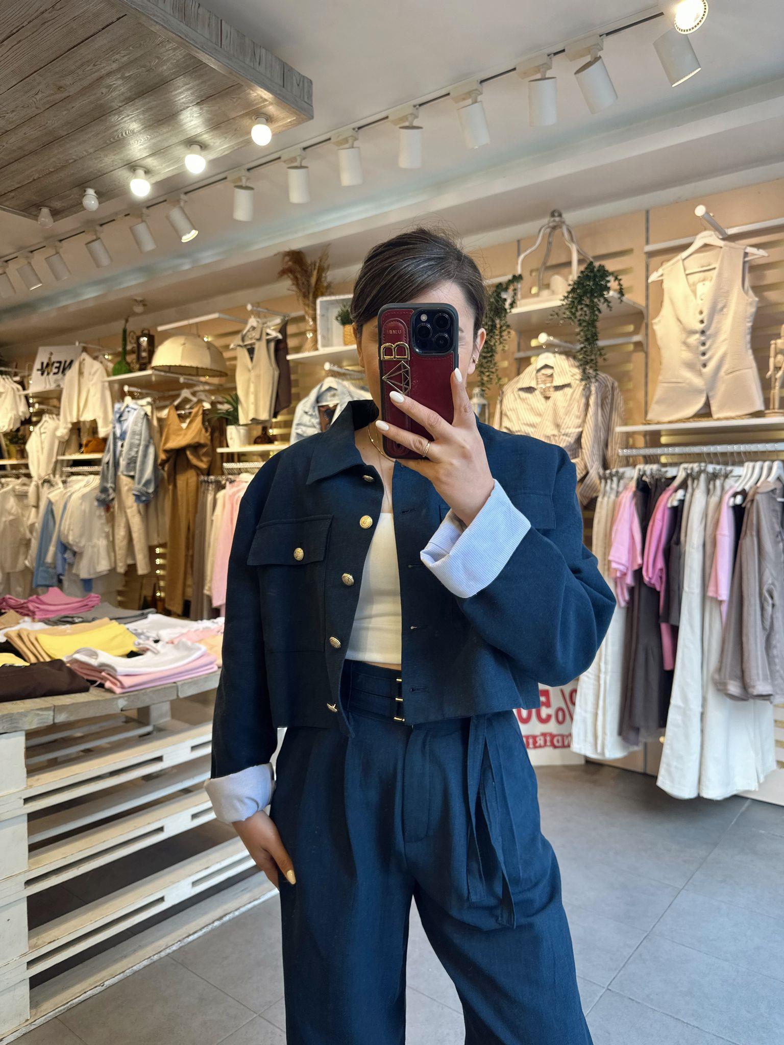 Lacivert Keten Crop Ceket