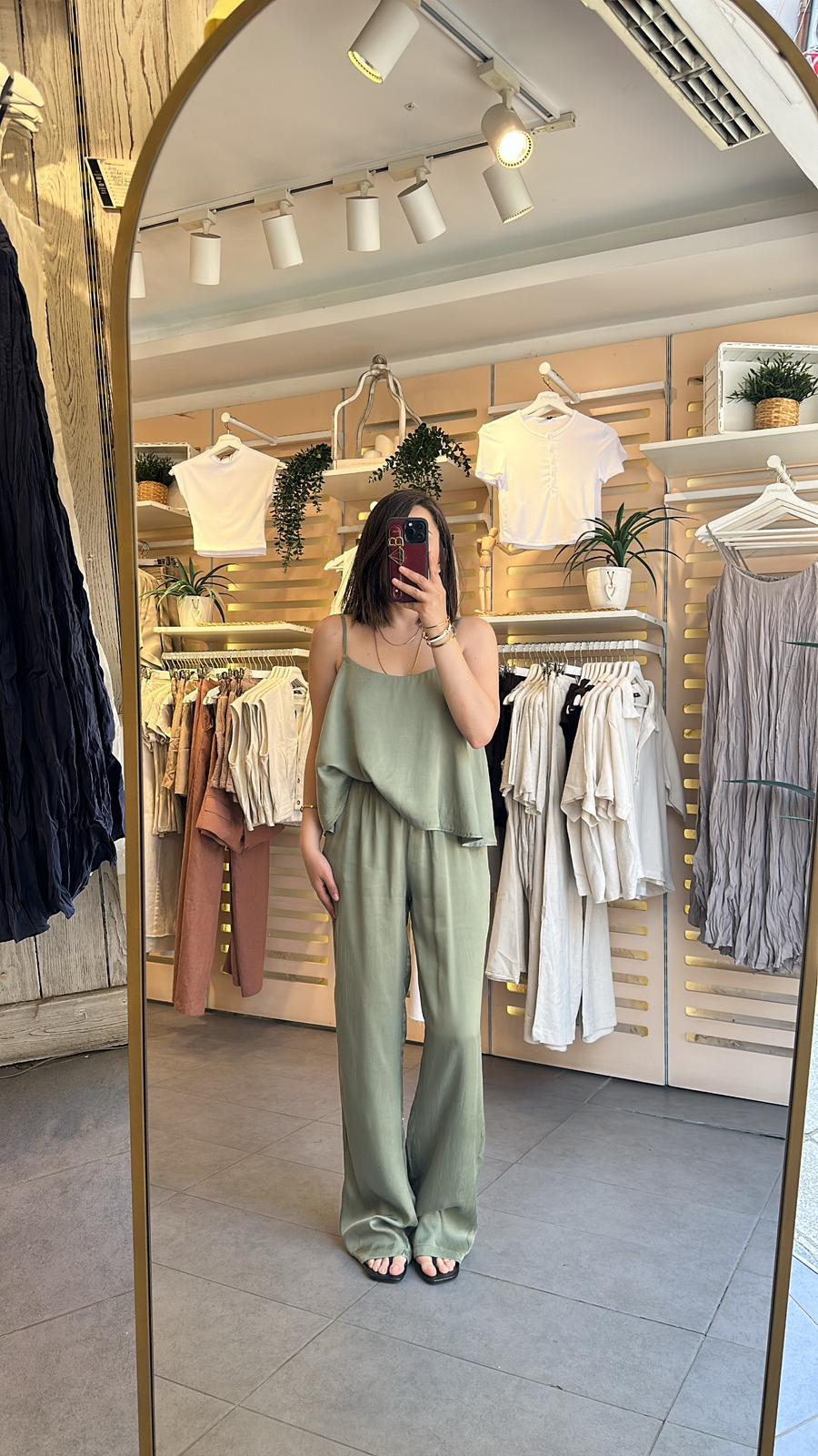 Haki Askılı Bluz Pantolon Takım