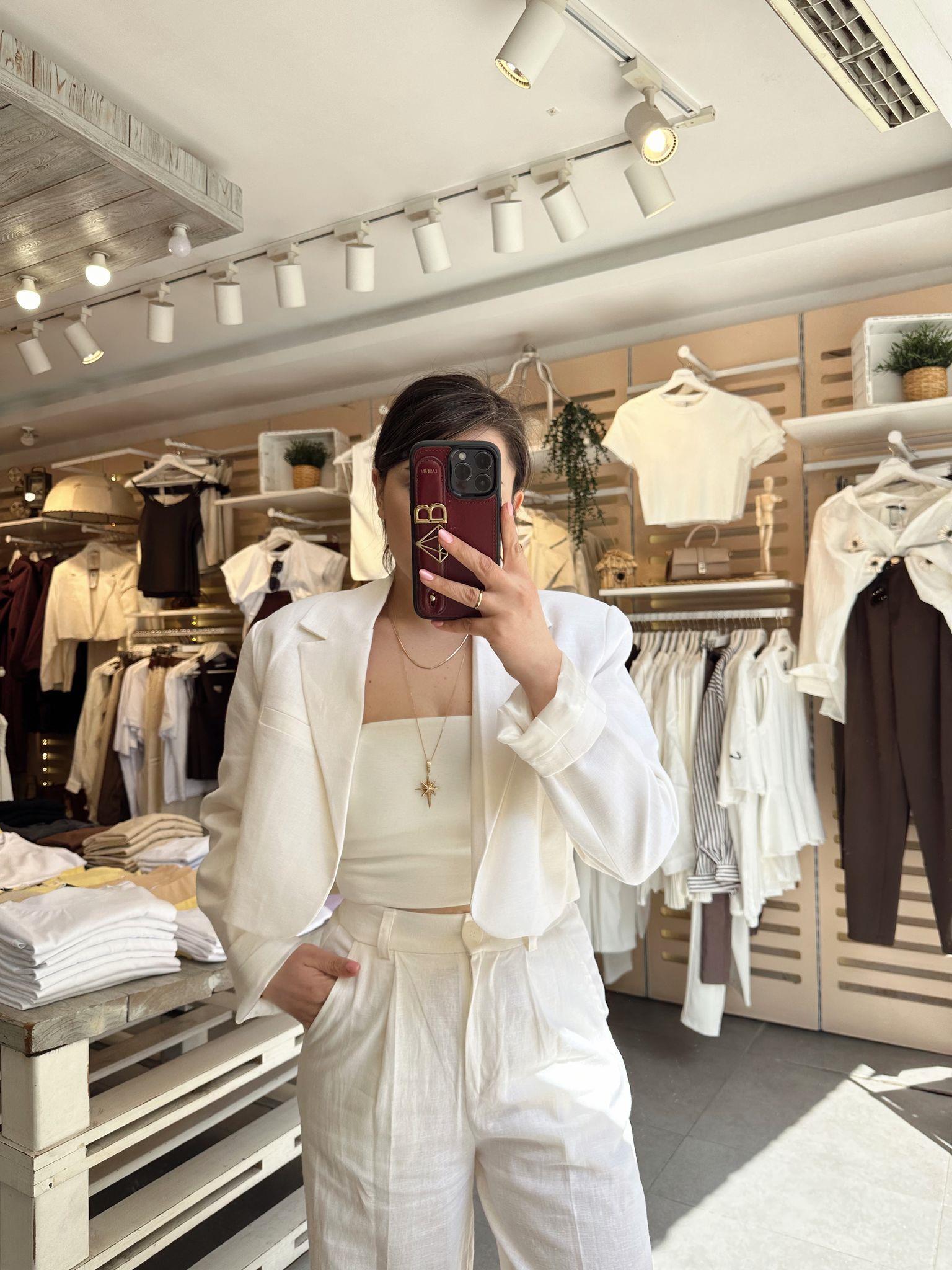 Ekru Keten Crop Blazer Ceket