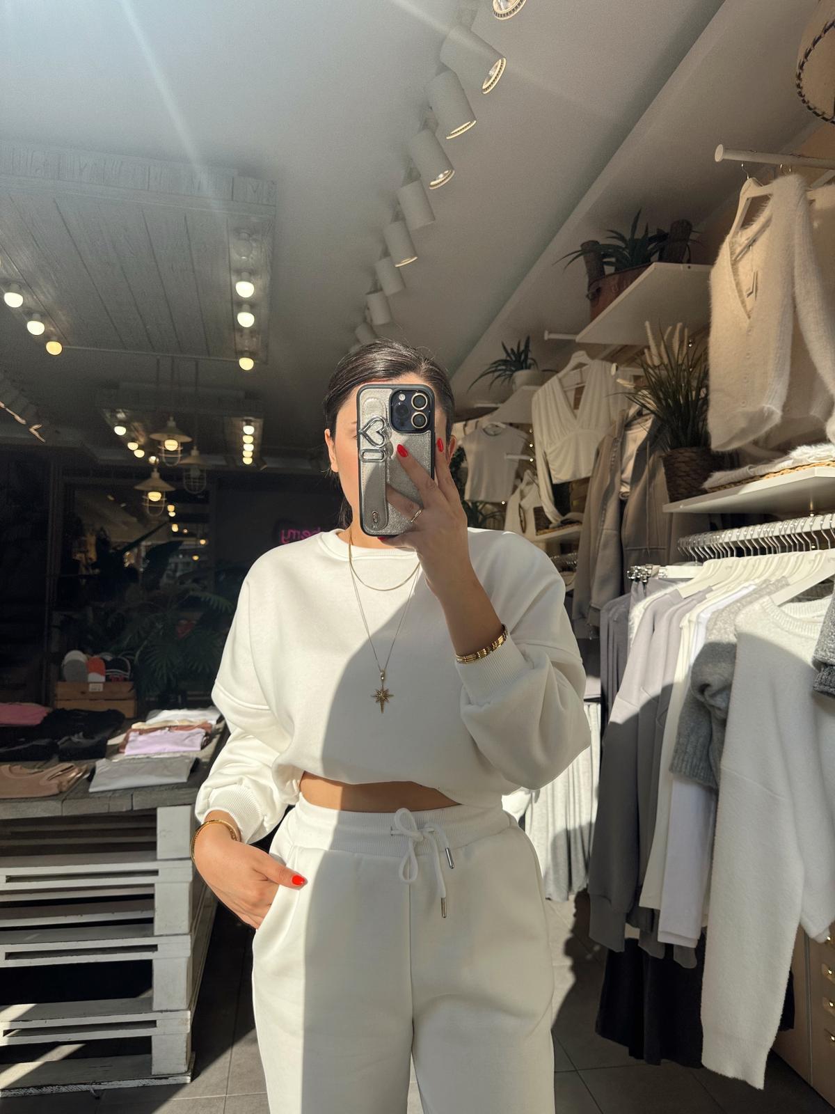Beyaz Crop Sweatshirt Takım