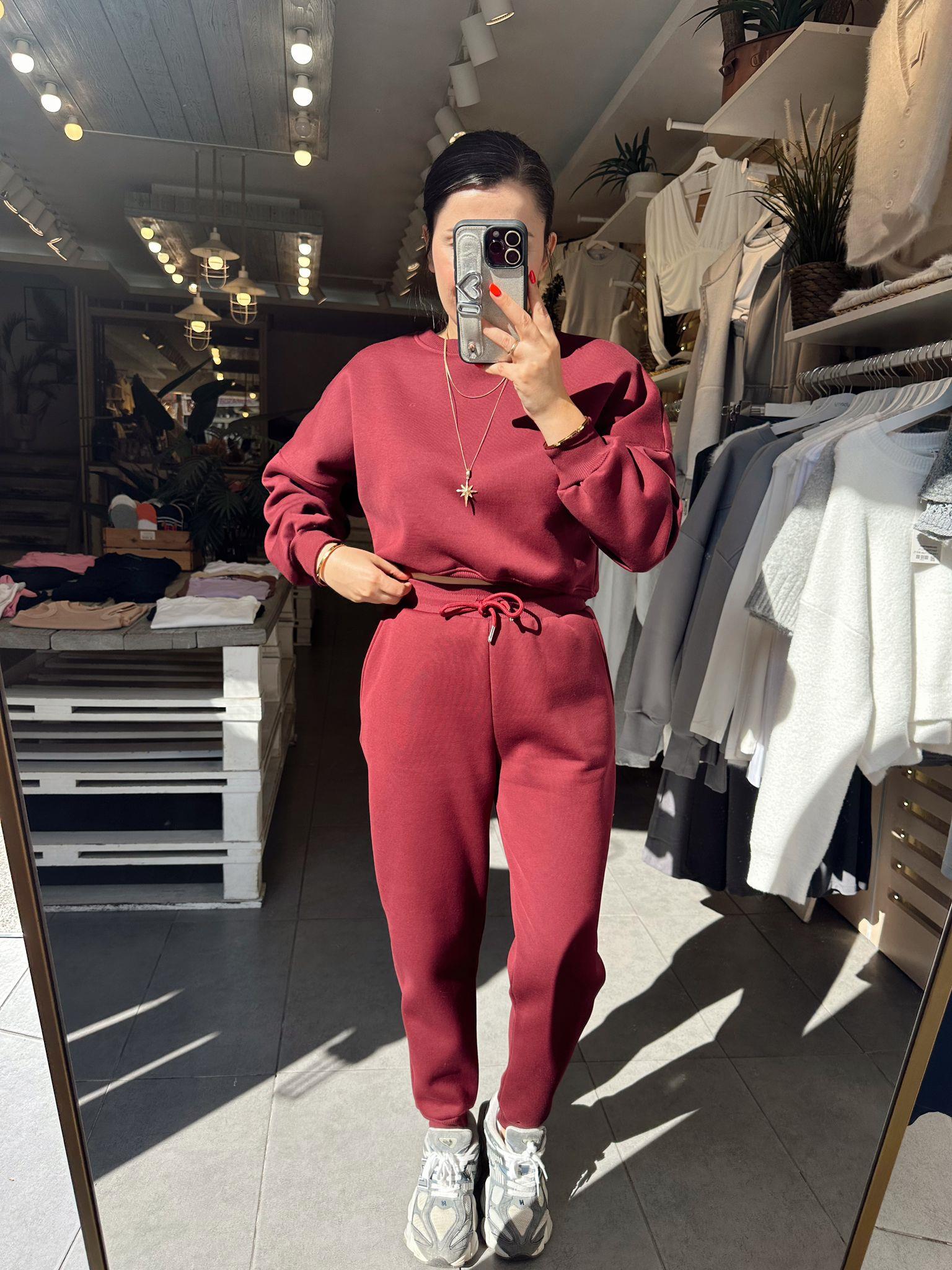 Bordo Crop Sweatshirt Takım