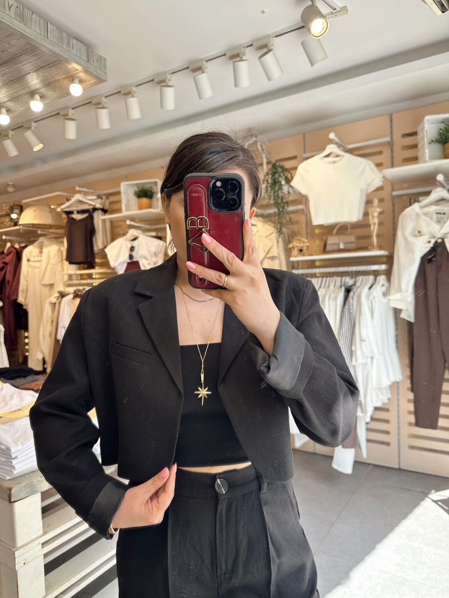 Siyah Keten Crop Blazer Ceket