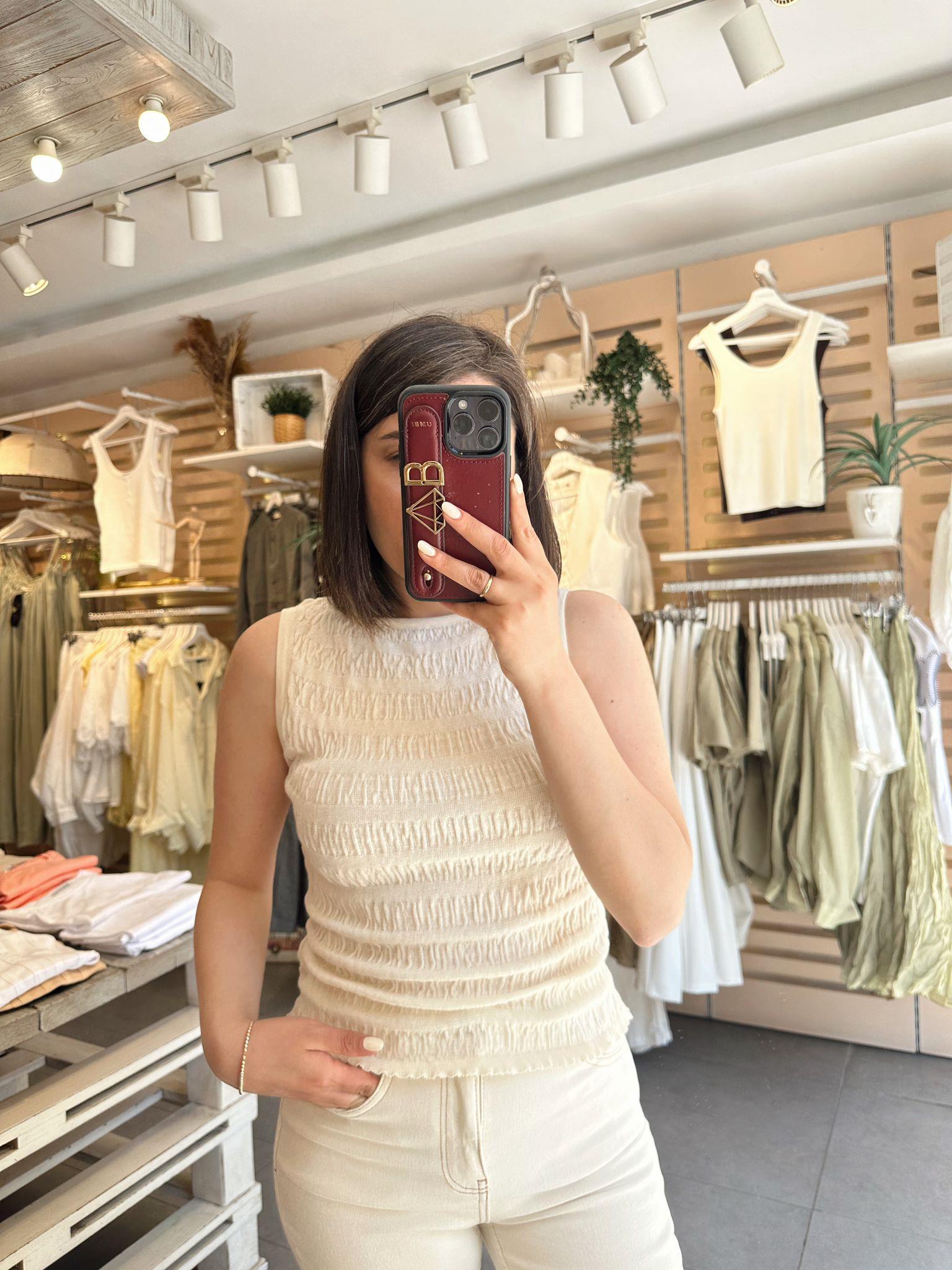 10751  Ekru Büzgülü İnce Triko Bluz