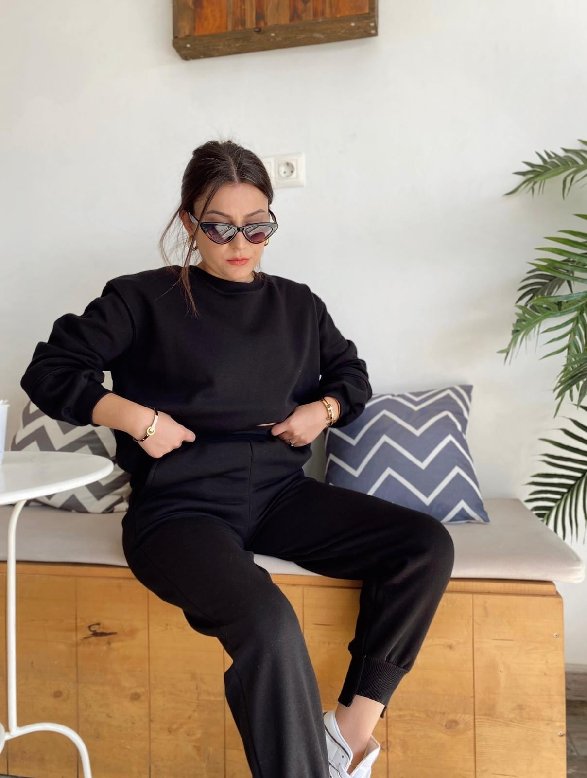 Siyah 3 İplİK U Paça Sweatshirt Takım