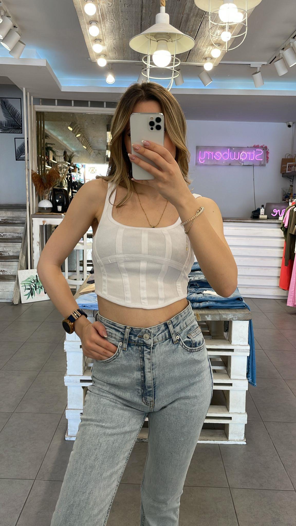 Beyaz Fermuar Detaylı Korse Top 