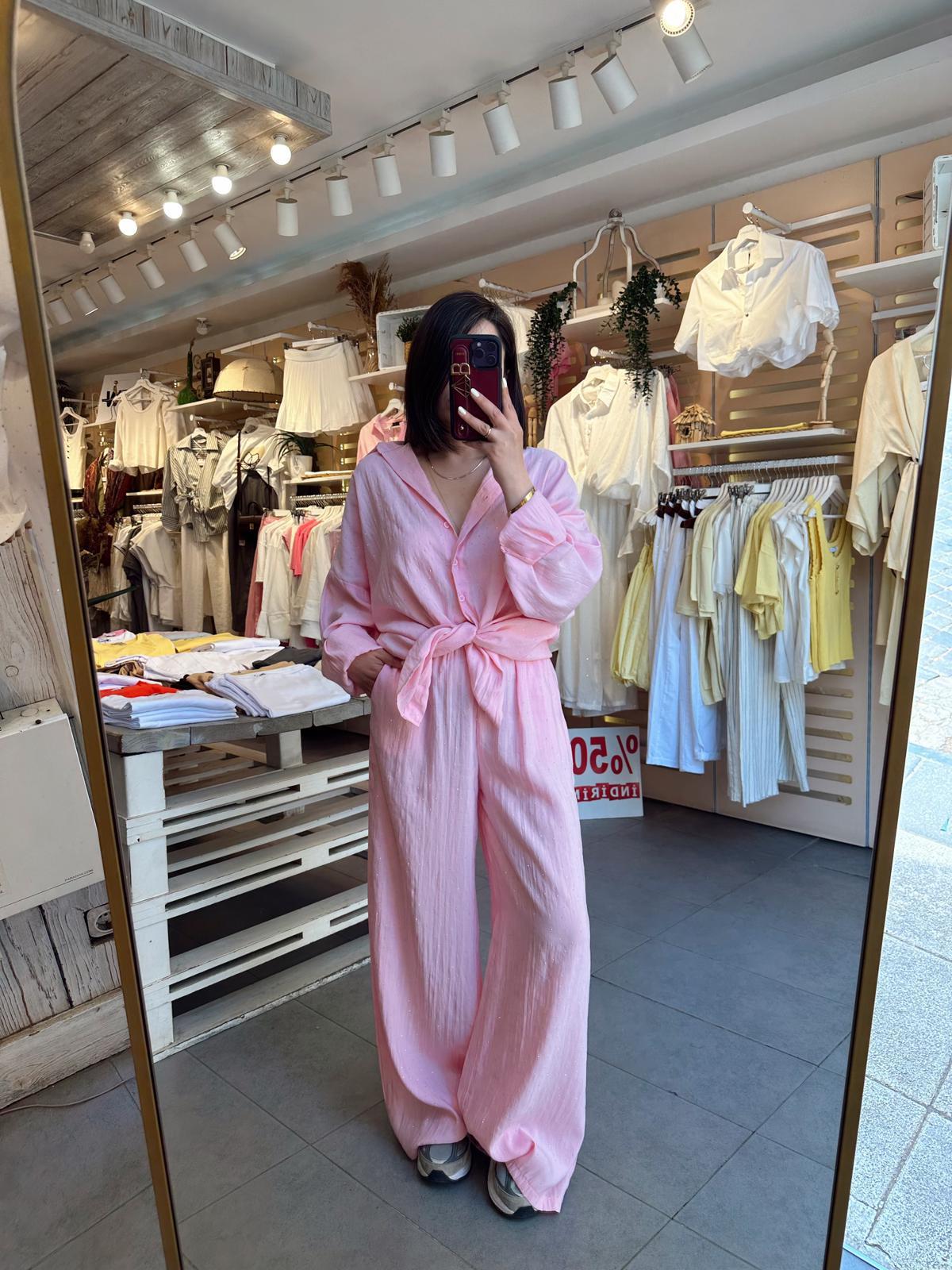 Pembe Taşlı Gömlek Pantolon Takım
