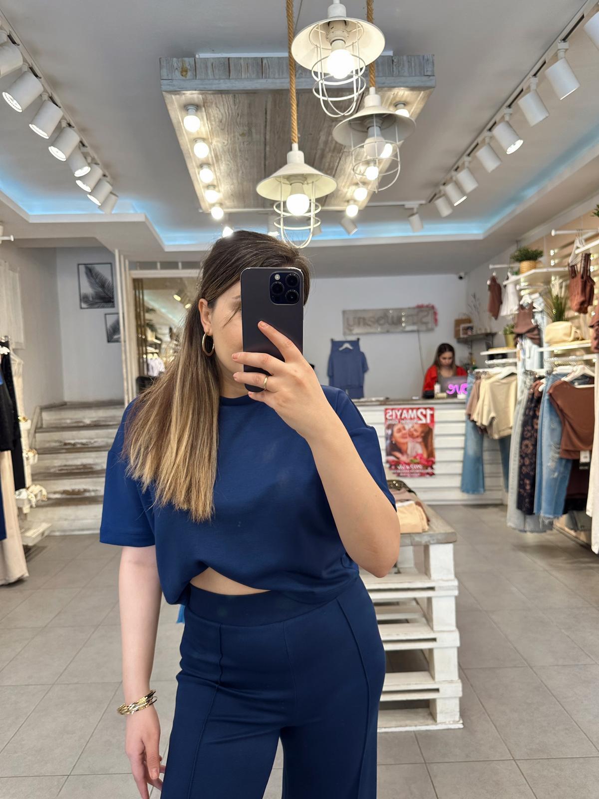 Lacivert Modal Kumaş Crop Takım 