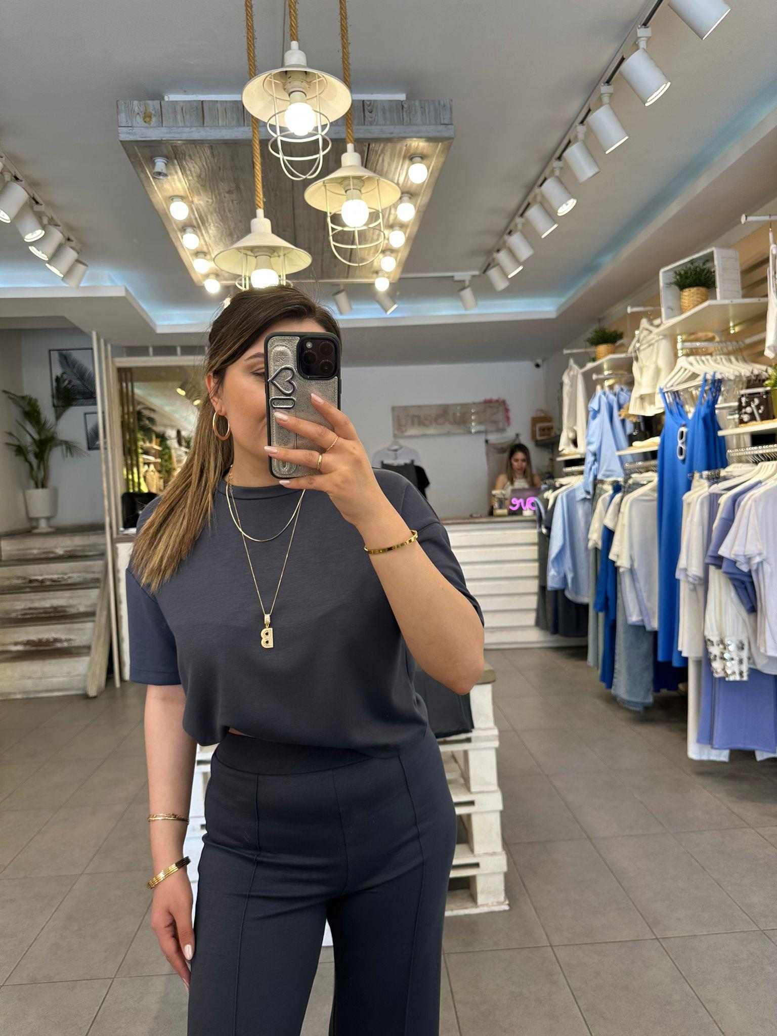 Antrasit Gri Modal Kumaş Crop Takım 