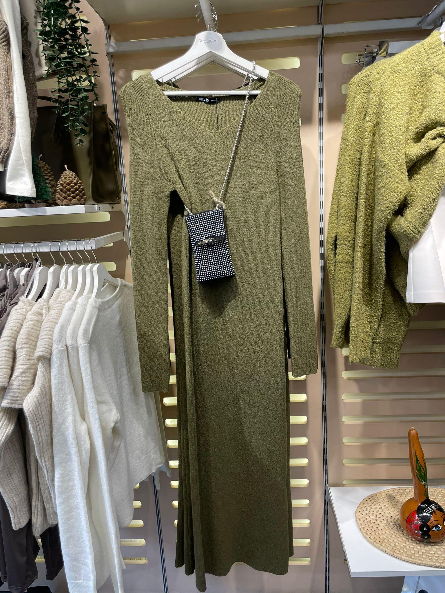 90242 Haki Yeşili V Yaka Yumuşak Dokulu Fitilli Triko
