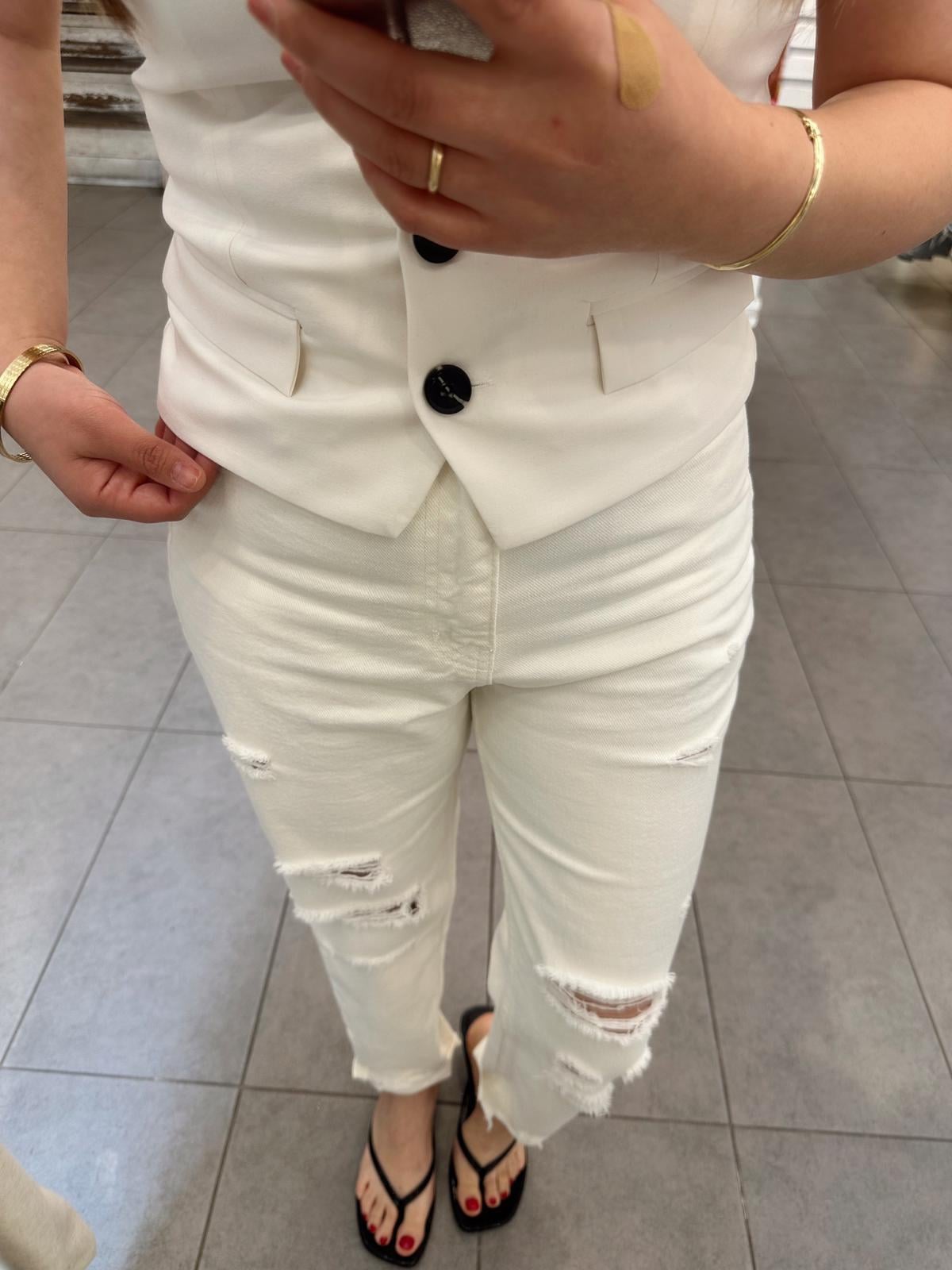 Ekru Yırtık Mom Jean 