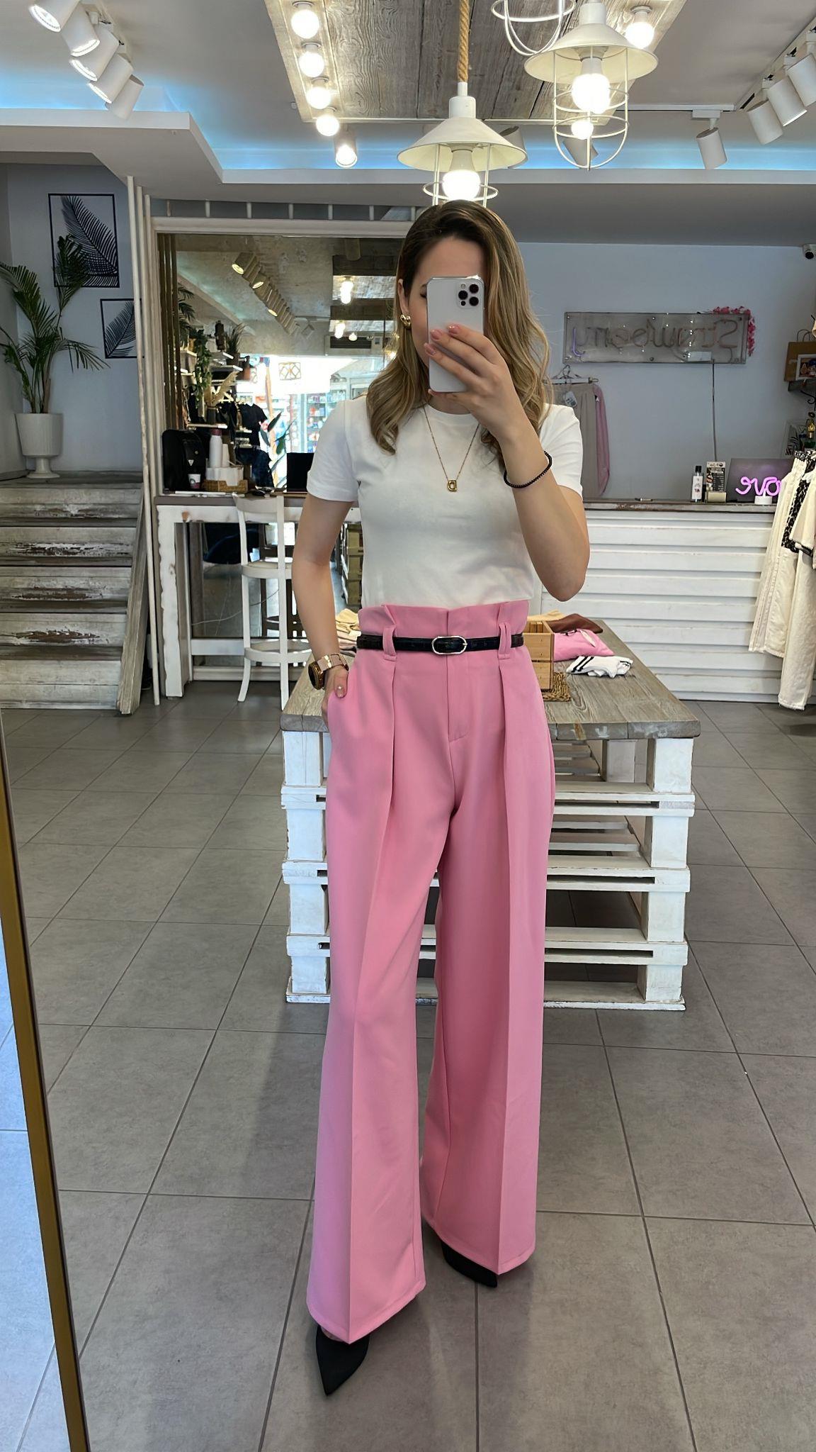 Pembe Kemerli  Kumaş Pantolon 