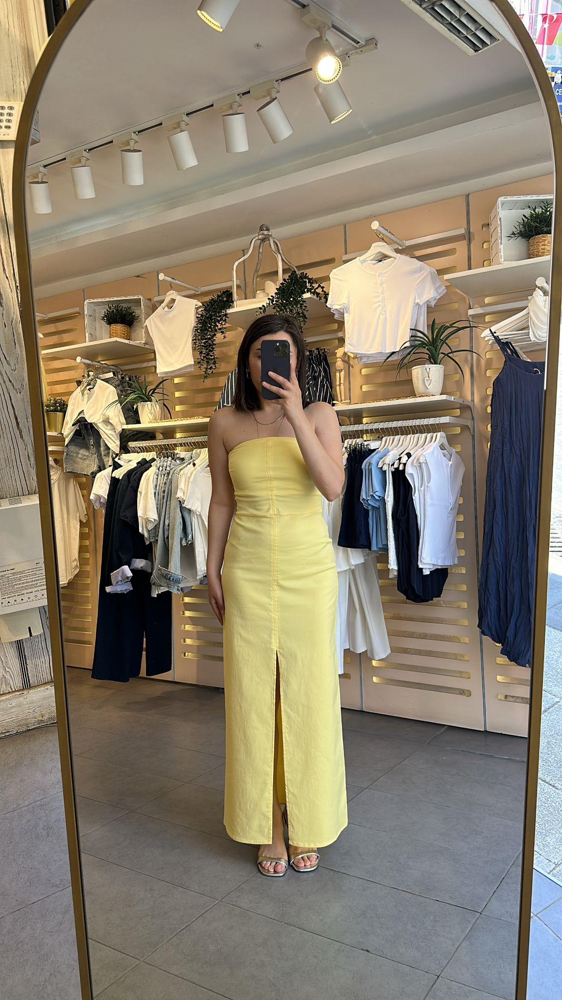 Sarı Maxi Boy Yırtmaçlı Elbise
