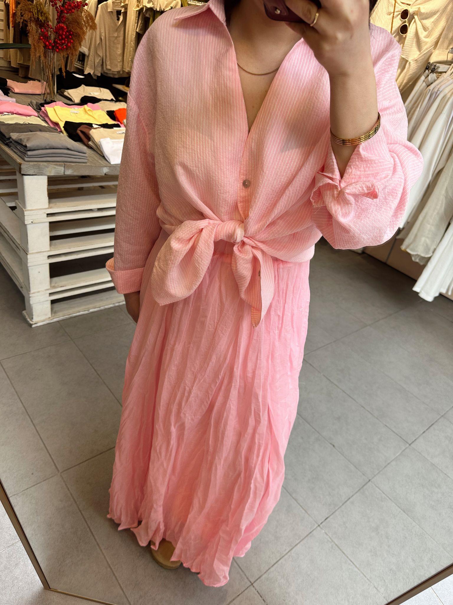Pembe Astarlı Kırışık Etek