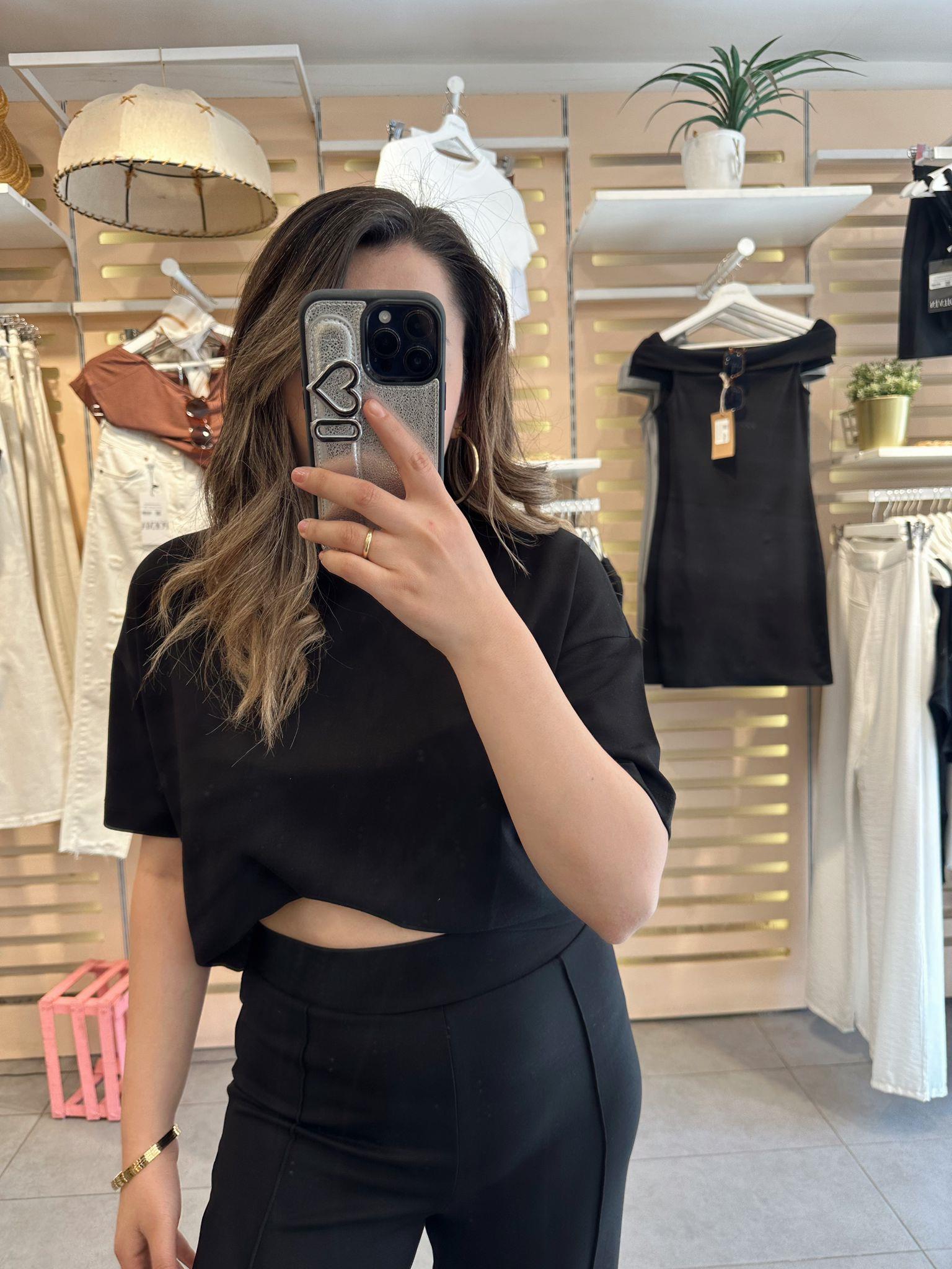 Siyah Modal Kumaş Crop Takım 