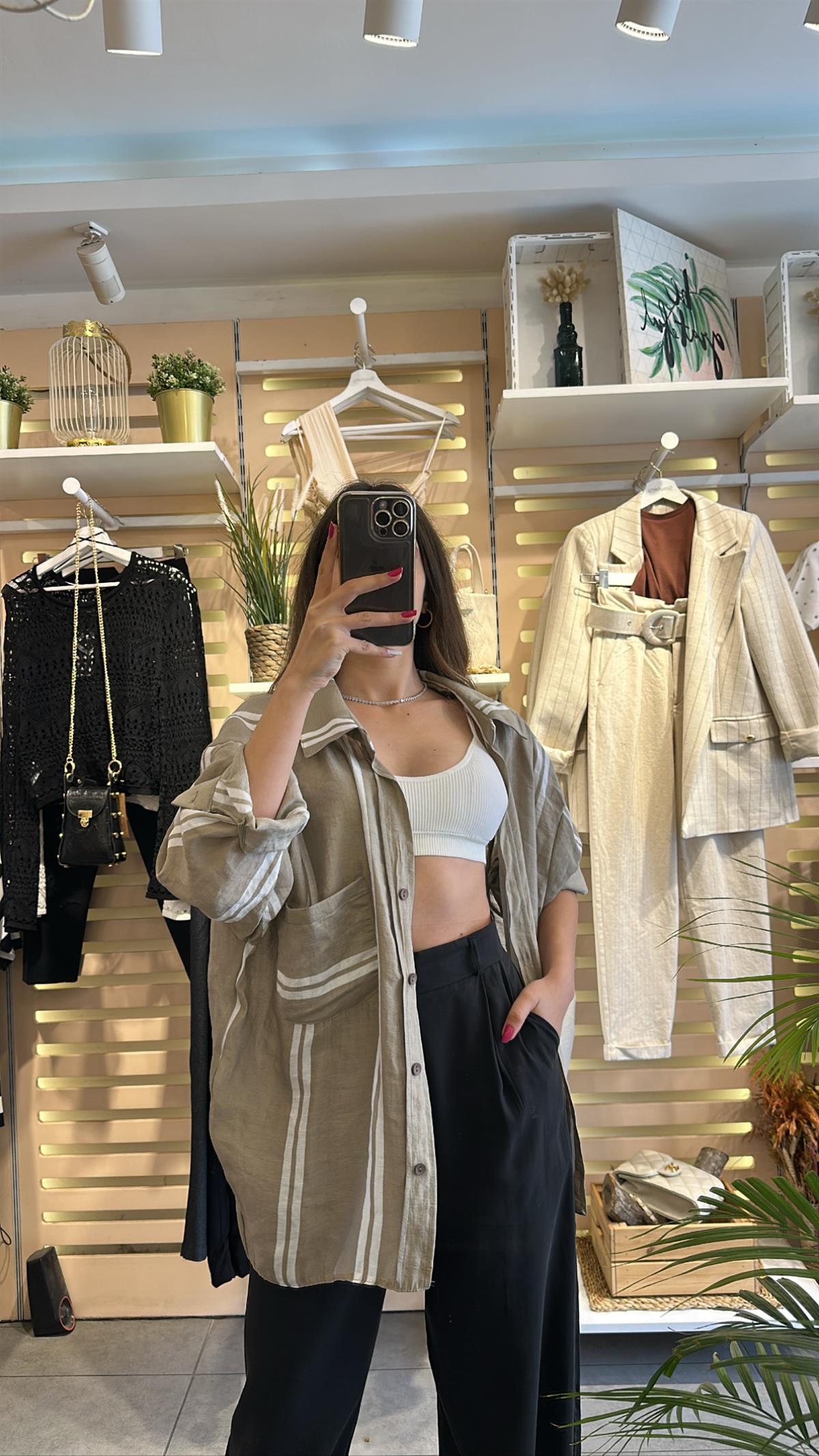 Bej Çizgili Oversize Gömlek | StrawberryWear