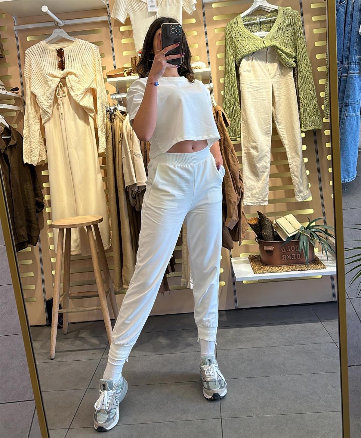 Beyaz Kısa Kol Crop Takım | StrawberryWear