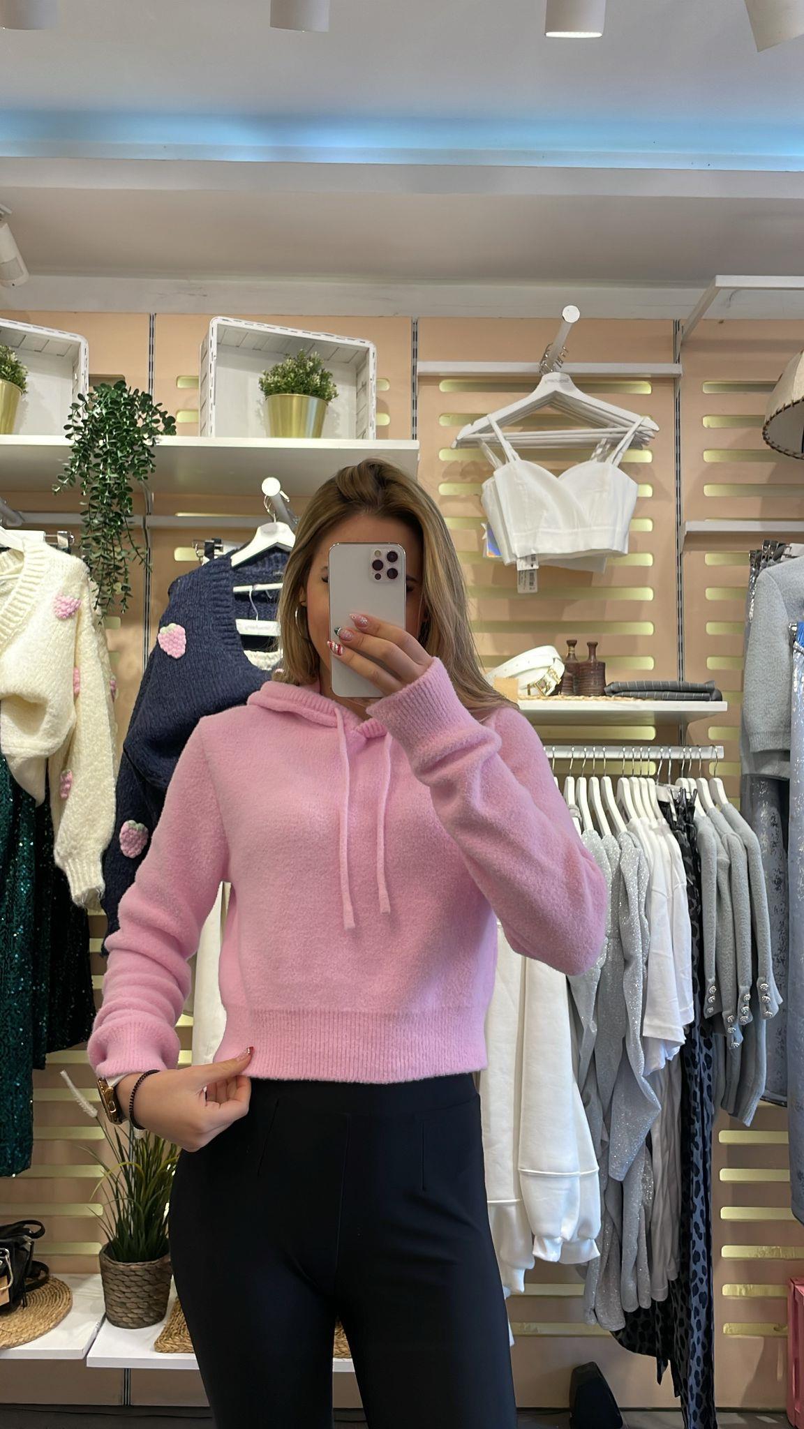 Pembe Kapşonlu Peluş Kazak