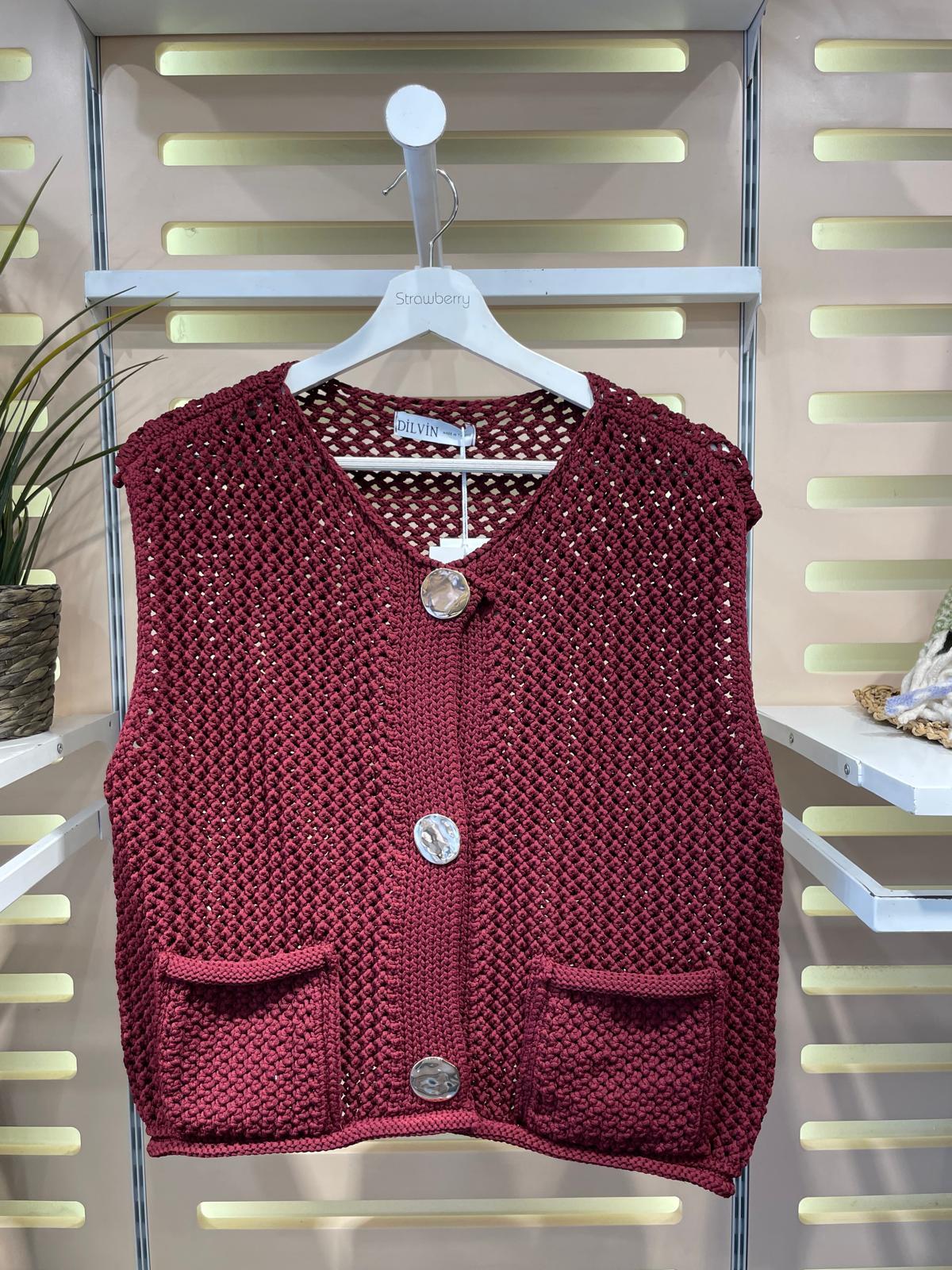 60274 Bisiklet Yaka Cepli Düğmeli Triko Yelek Bordo