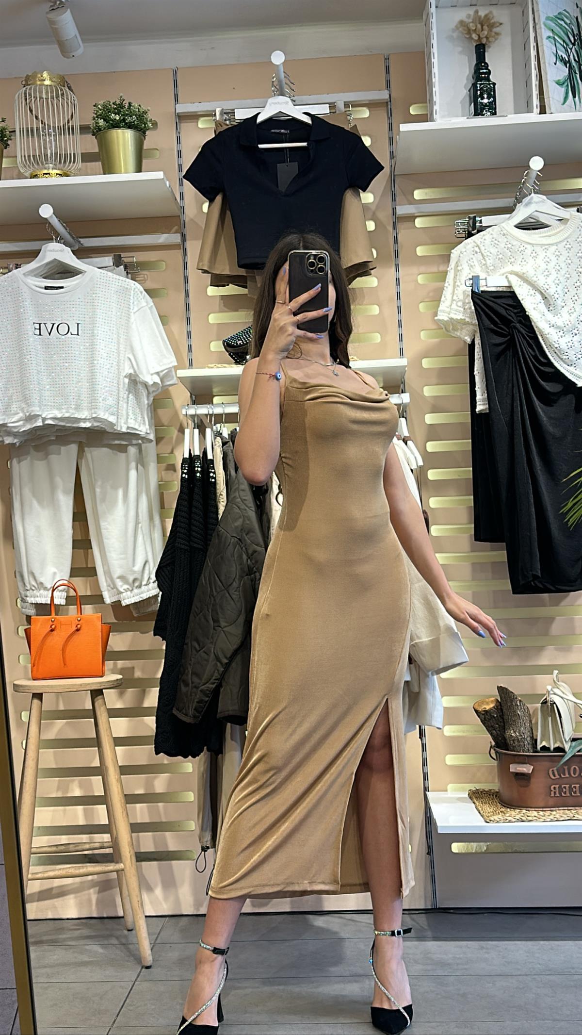 Camel Askılı Yırtmaçlı Elbise  | StrawberryWear