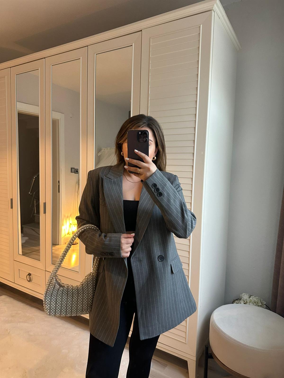 Çizgili Gri Blazer Ceket | StrawberryWear