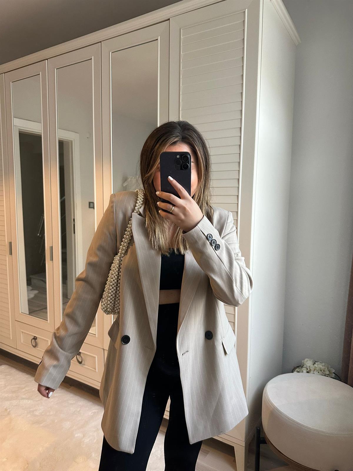 Çizgili Krem Blazer Ceket | StrawberryWear