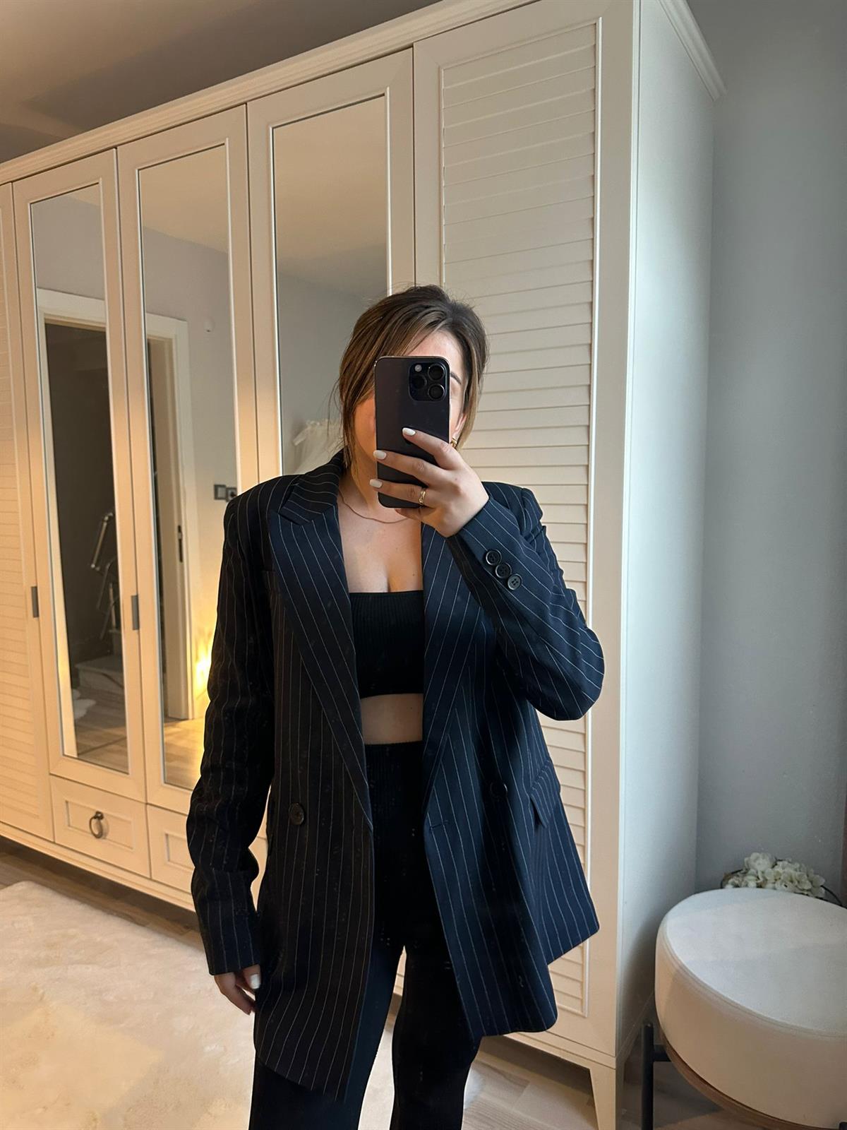Çizgili Lacivert Blazer Ceket  | StrawberryWear
