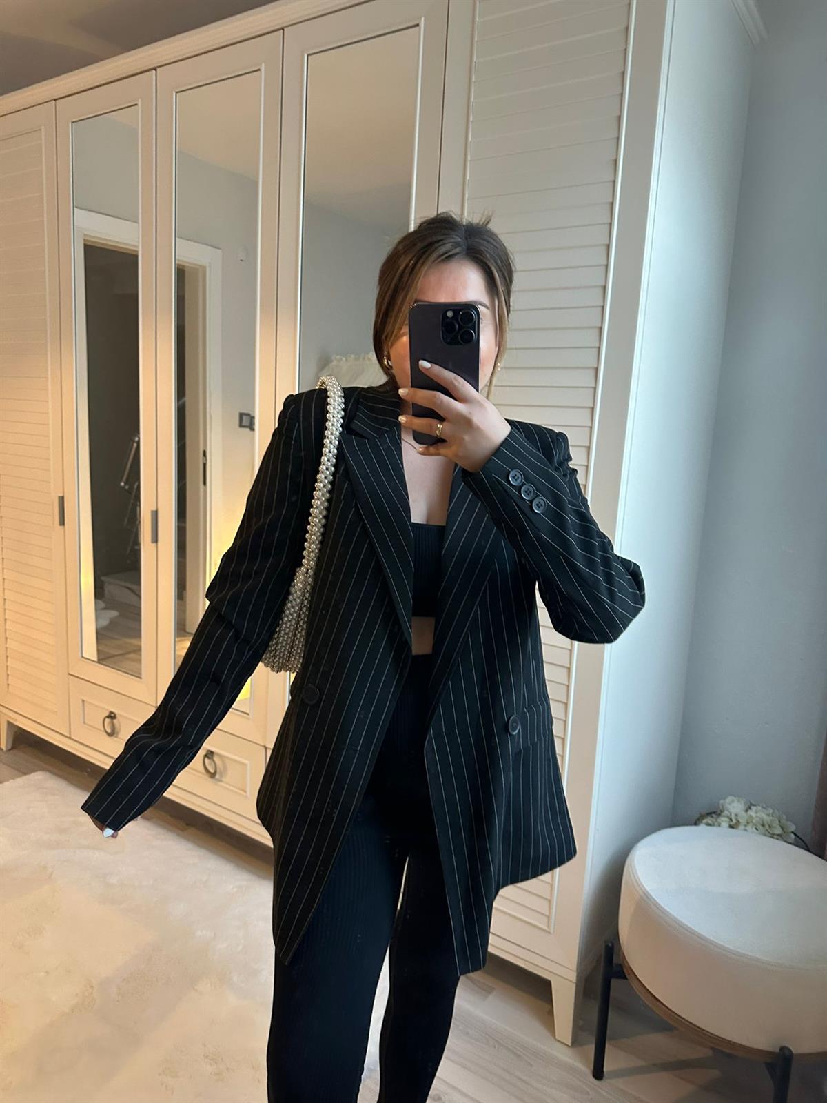 Çizgili Siyah Blazer Ceket | StrawberryWear