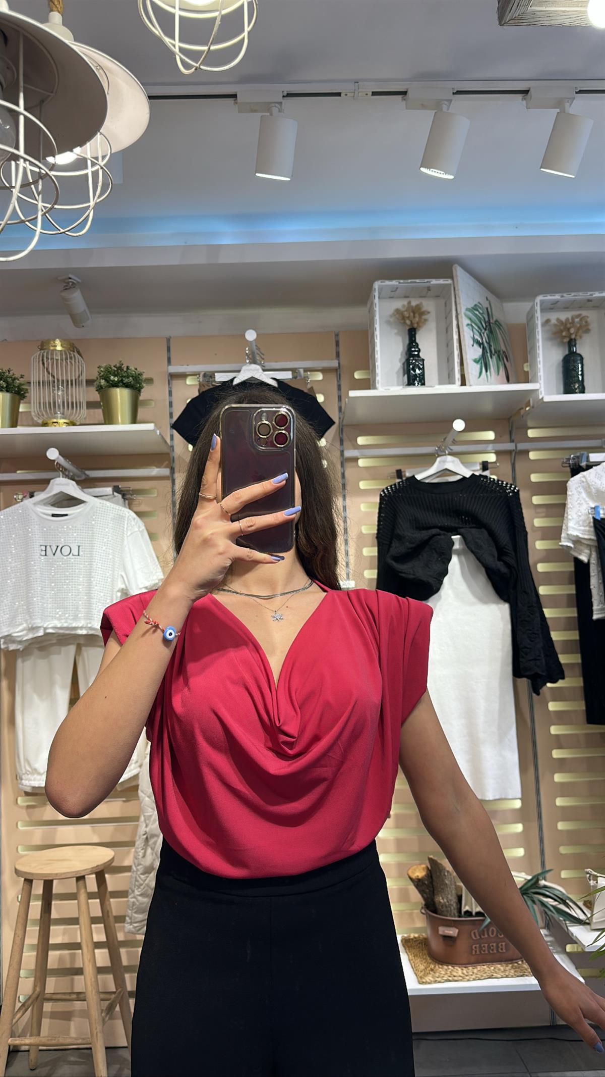 Degaje Yaka Vatkalı Fuşya Bluz  | StrawberryWear