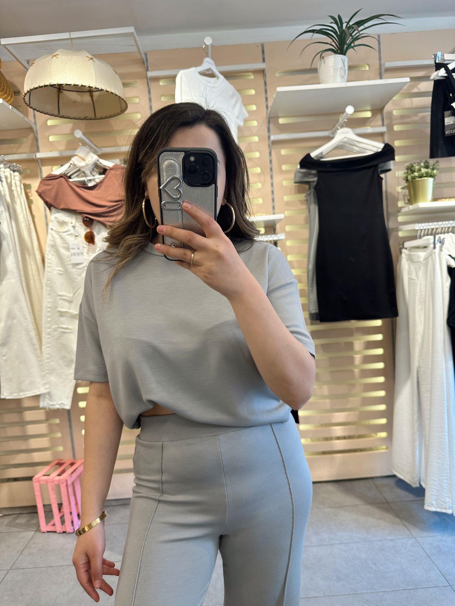 Gri Modal Kumaş Crop Takım 