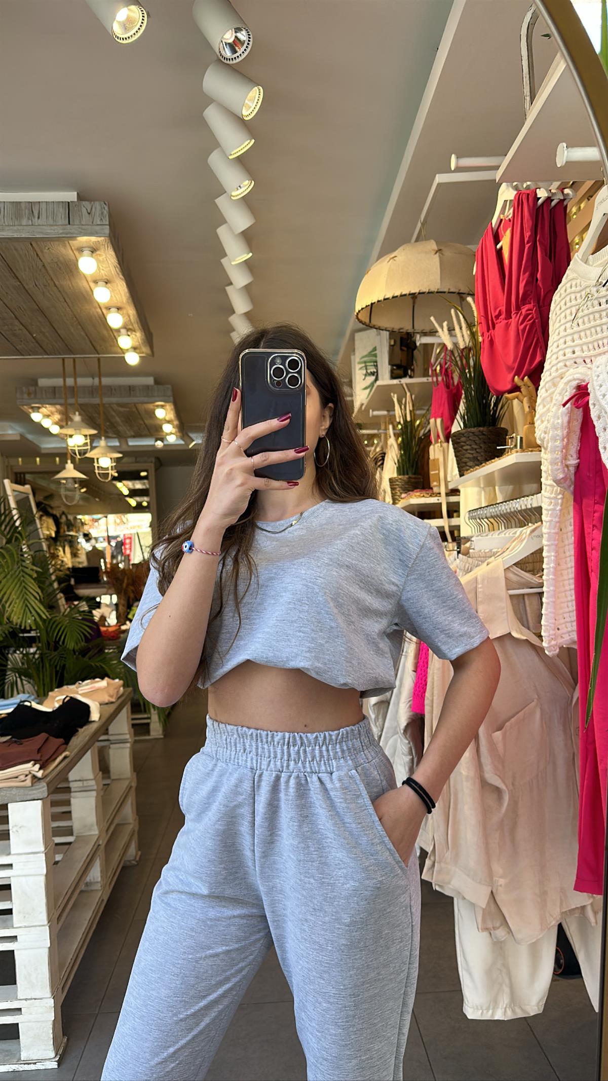 Gri Kısa Kol Crop Takım | StrawberryWear