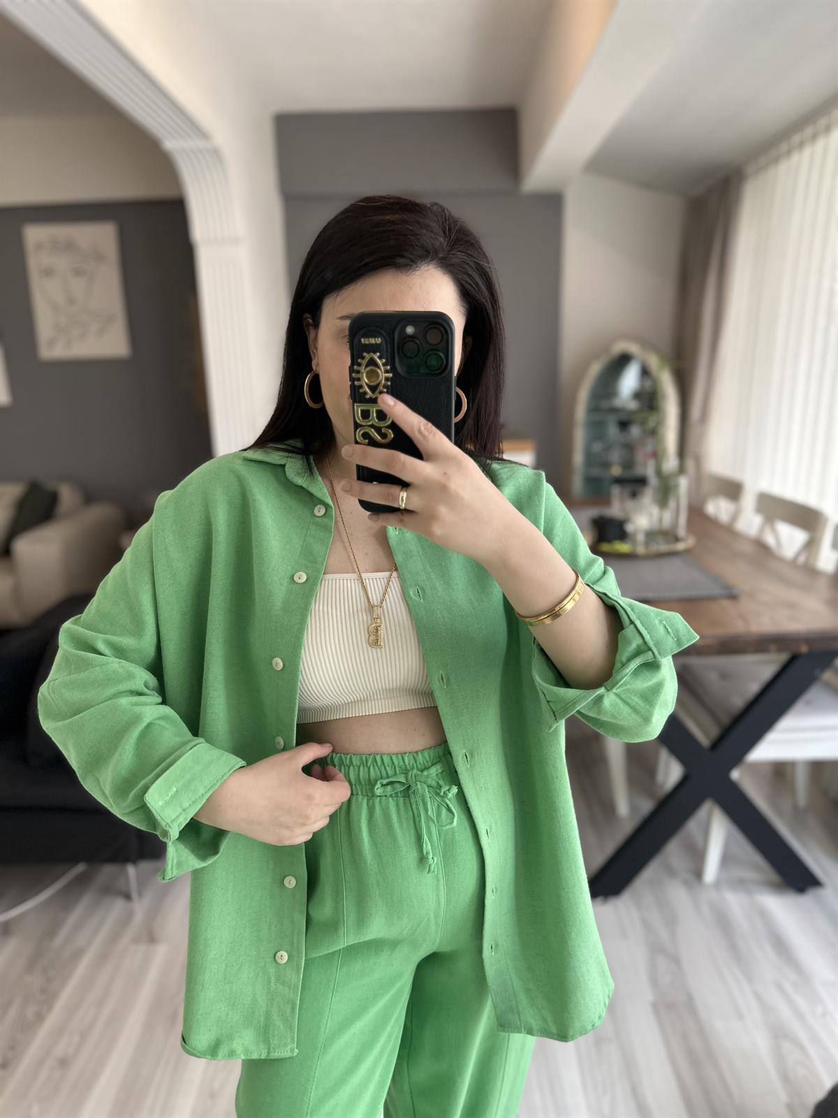 Yeşil Keten Gömlek | StrawberryWear