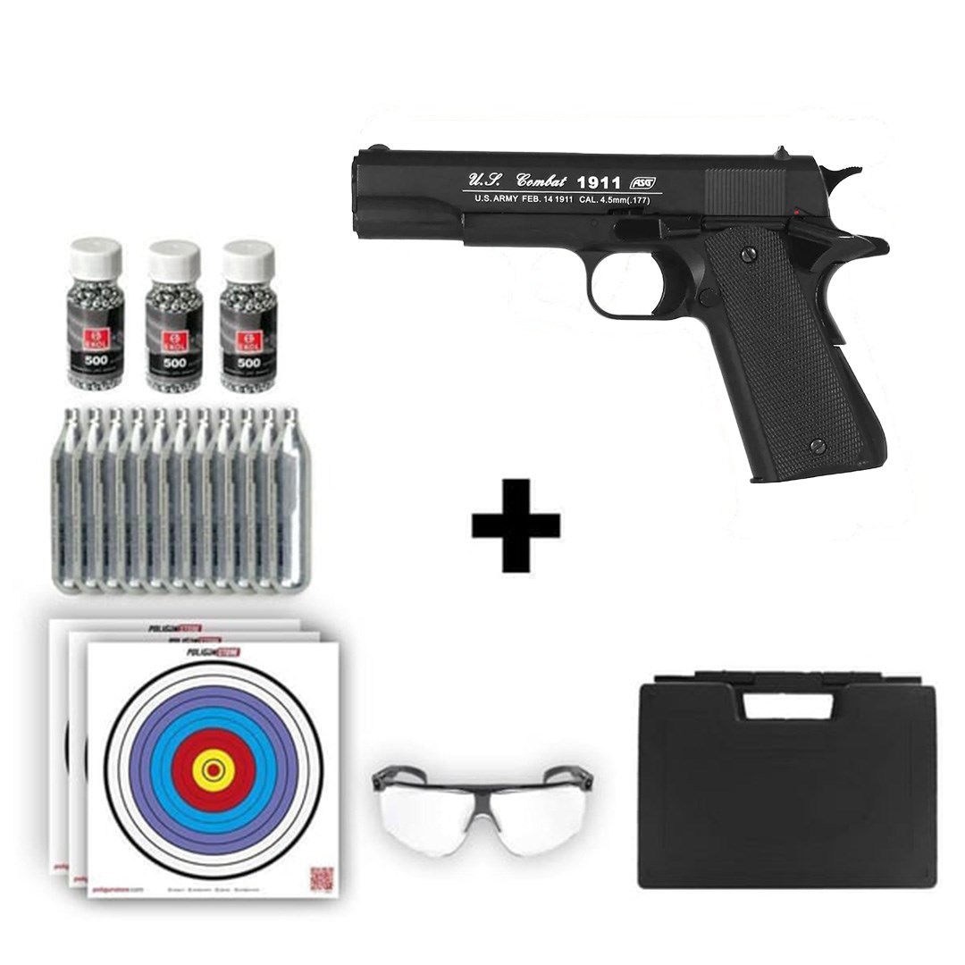 ASG 1911 US-C 4.50mm Havalı Tabanca + 10 Adet Co2 + 3 Adet 4.5mm BB + Taşıma Çantası + Balistik Gözlük