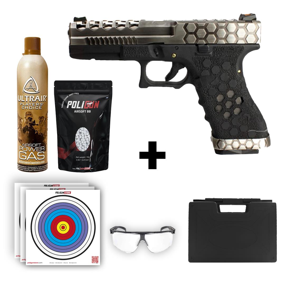 AW Custom Glock 17 HEX-CUT Gümüş + Green Gas + 0.20gr BB + Taşıma Çantası + Balistik Gözlük