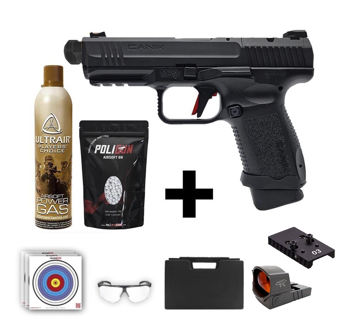 Canik TP9 Elite Combat Siyah Airsoft + Red-Dot + Green Gas + 0.20gr BB + Taşıma Çantası + Balistik Gözlük