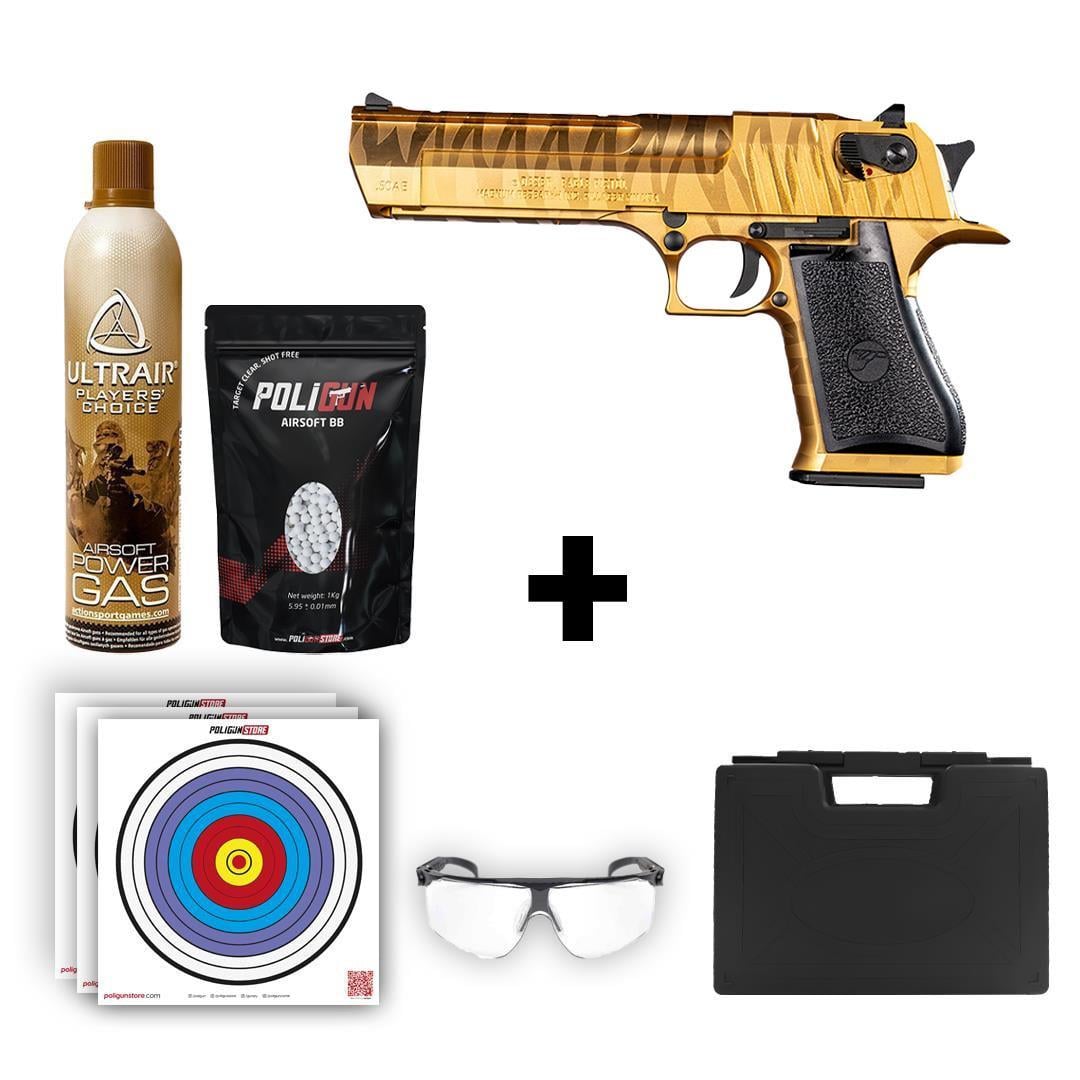 Cybergun Desert Eagle .50AE Altın Kaplan Desen + Green Gas + 0.20gr BB + Taşıma Çantası + Balistik Gözlük