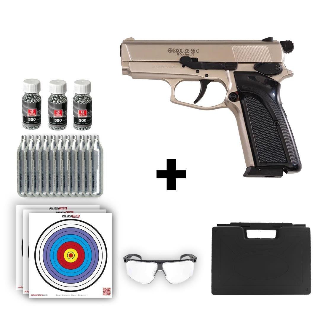 Ekol ES 66C Havalı Tabanca - Saten + 10 Adet Co2 + 3 Adet 4.5mm BB + Taşıma Çantası + Balistik Gözlük