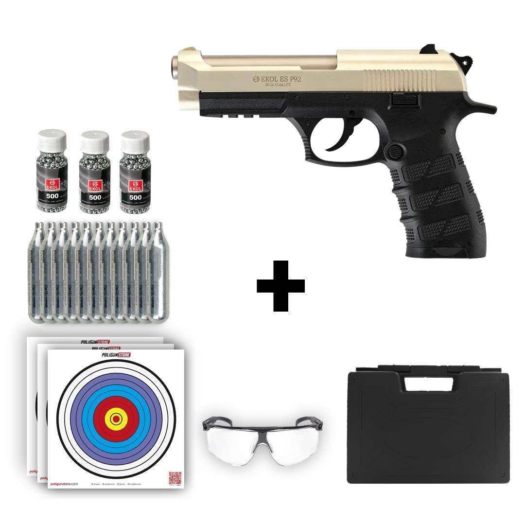 Ekol ES P92 Havalı Tabanca - Saten + 10 Adet Co2 + 3 Adet 4.5mm BB + Taşıma Çantası + Balistik Gözlük