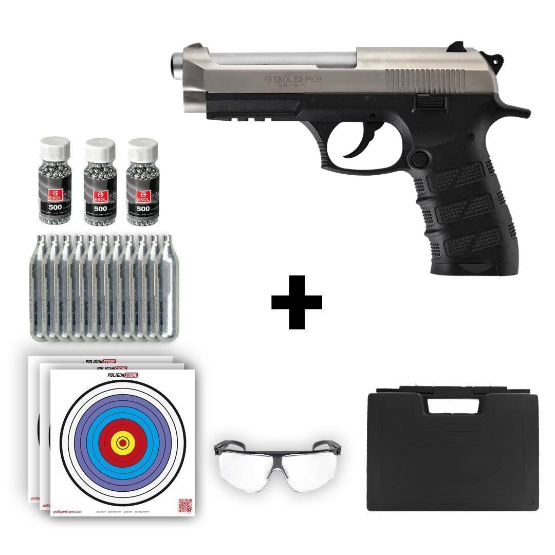 Ekol ES P92B Blowback Havalı Tabanca - Füme + 10 Adet Co2 + 3 Adet 4.5mm BB + Taşıma Çantası + Balistik Gözlük