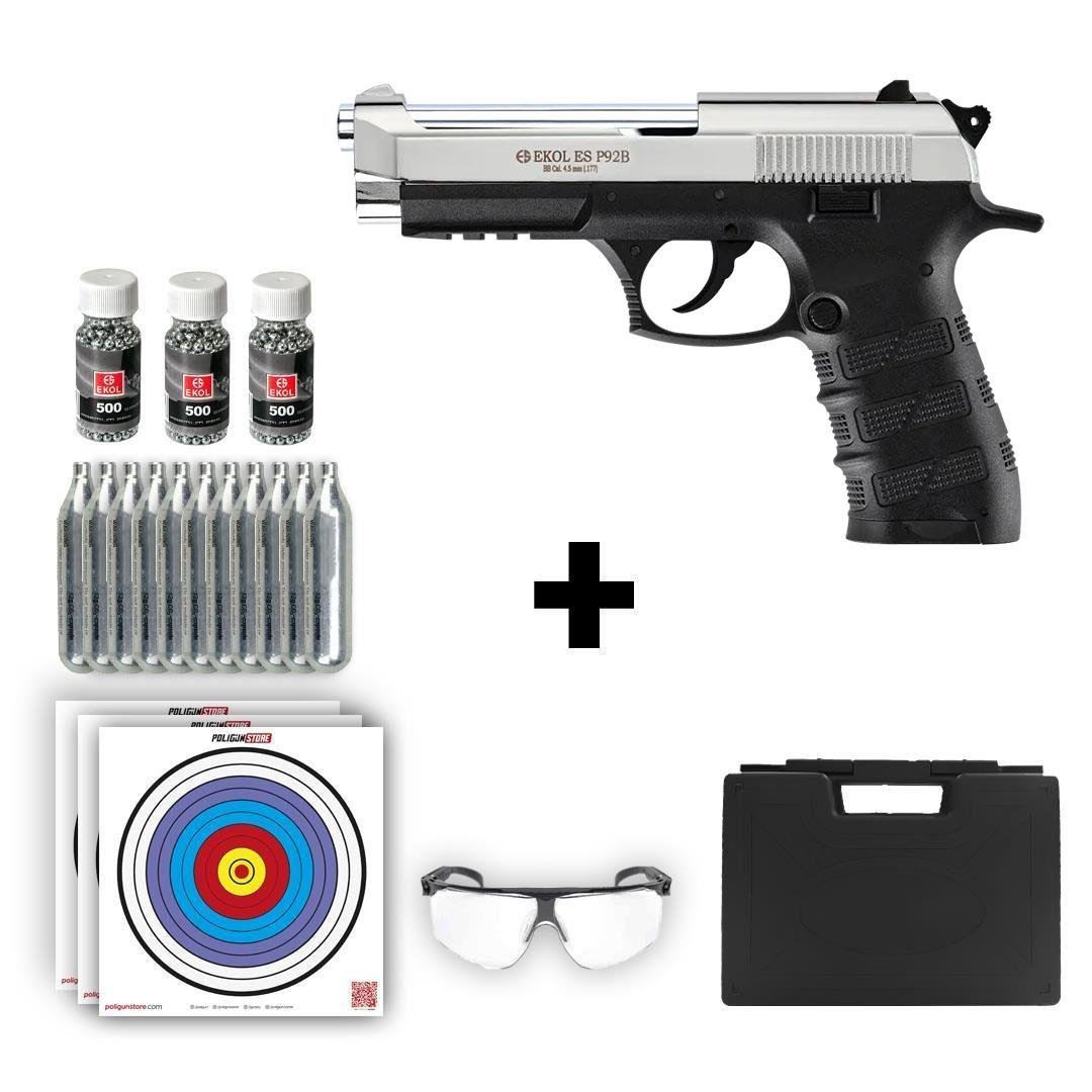 Ekol ES P92B Blowback Havalı Tabanca - Parlak Beyaz + 10 Adet Co2 + 3 Adet 4.5mm BB + Taşıma Çantası + Balistik Gözlük