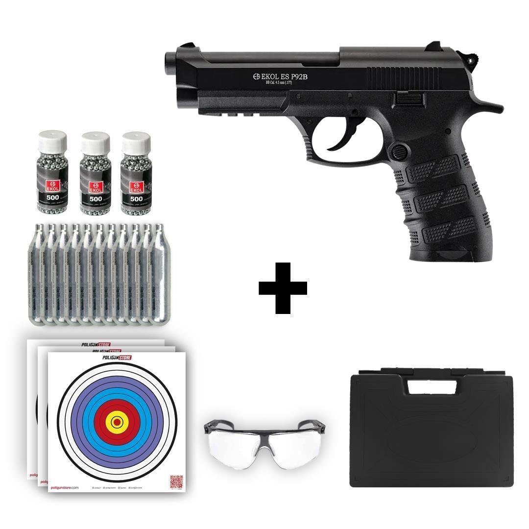 Ekol ES P92B Blowback Havalı Tabanca - Siyah + 10 Adet Co2 + 3 Adet 4.5mm BB + Taşıma Çantası + Balistik Gözlük