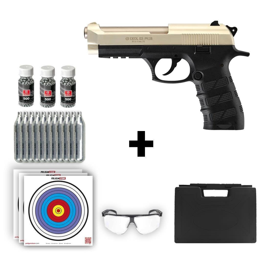 Ekol ES P92B Blowback Havalı Tabanca - Saten + 10 Adet Co2 + 3 Adet 4.5mm BB + Taşıma Çantası + Balistik Gözlük