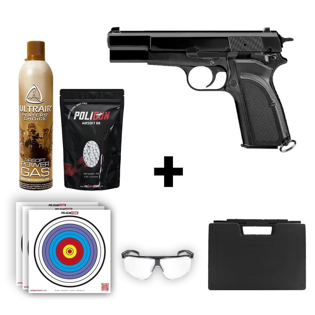 We Browning Siyah Airsoft Tabanca + Green Gas + 0.20gr BB + Taşıma Çantası + Balistik Gözlük