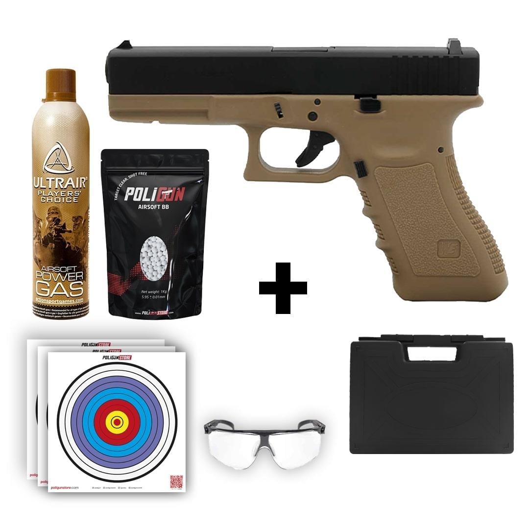 We Glock 17 Gen3 Tan + Green Gas + 0.20gr BB + Taşıma Çantası + Balistik Gözlük