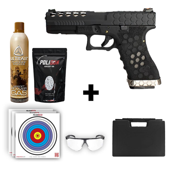 AW Custom Glock 17 HEX-CUT Siyah + Green Gas + 0.20gr BB + Taşıma Çantası + Balistik Gözlük