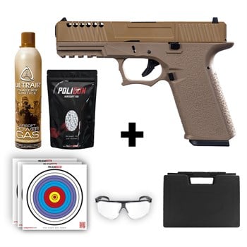 AW Custom Glock 17 ZEV Tan Airsoft Tabanca + Green Gas + 0.20gr BB + Taşıma Çantası + Balistik Gözlük