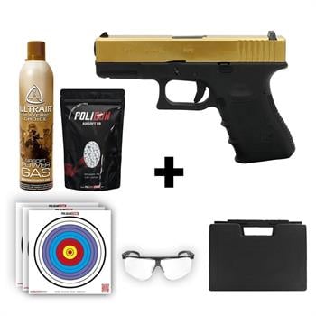 We Glock 19 Gen3 Titanium Gold + Green Gas + 0.20gr BB + Taşıma Çantası + Balistik Gözlük
