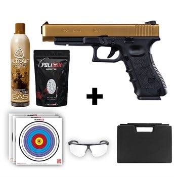 We Glock 34 Gen3 Titanium Gold Airsoft Tabanca + Green Gas + 0.20gr BB + Taşıma Çantası + Balistik Gözlük